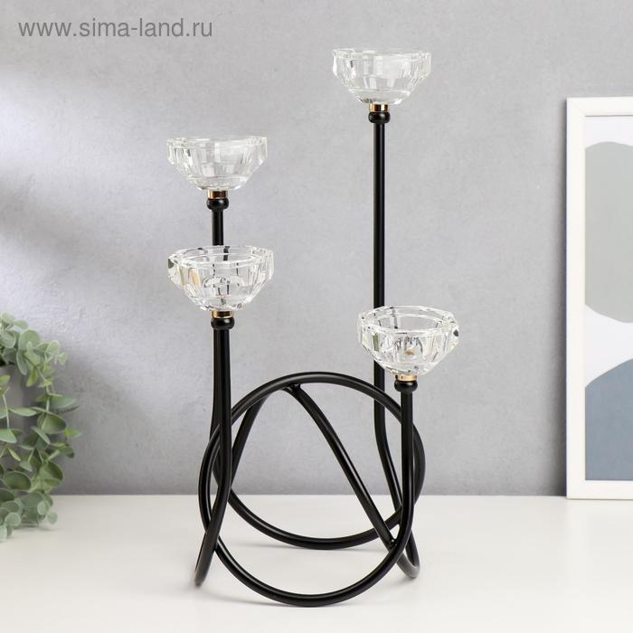 Подсвечник металл, стекло на 4 свечи Подсвечник металл, стекло на 4 свечи "Плавность" чёрный с золотом 36,5х16х15,5 см