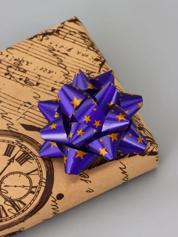 Подарочный Бант - звезда №7.5, металлик с рисунком, для упаковки подарков, набор 8 шт., МИКС