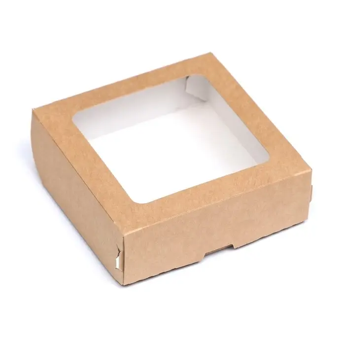 Коробка пищевая, с окном, крафт, 10×10×3.5 см