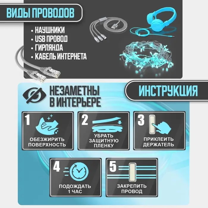 Держатель для проводов 75&times;30 мм, синий, 4 шт.
