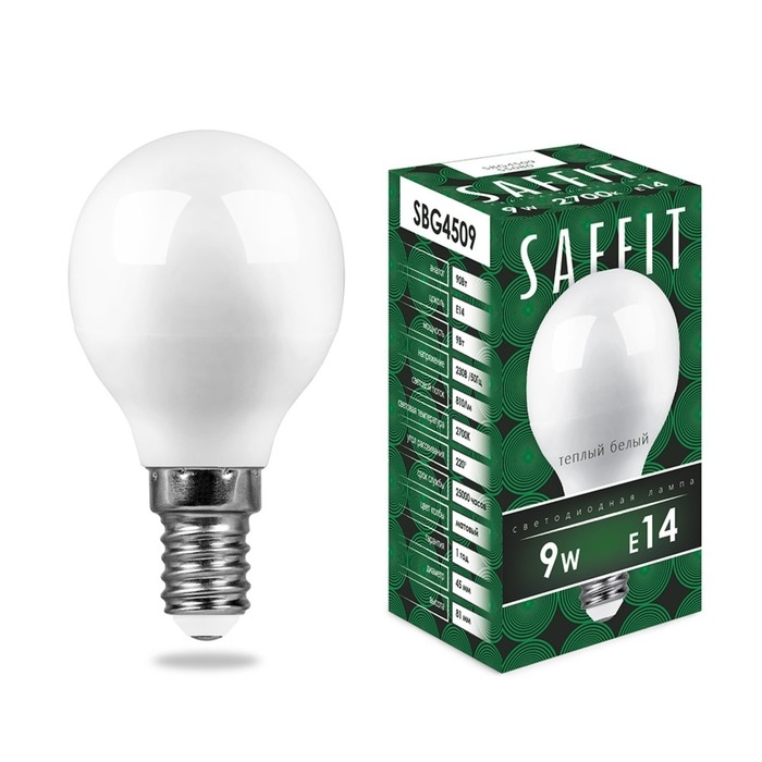Лампа светодиодная SAFFIT, G45, 9 Вт, E14, 2700 К, 810 Лм, 220°, 80 х 45 Лампа светодиодная SAFFIT, G45, 9 Вт, E14, 2700 К, 810 Лм, 220°, 80 х 45