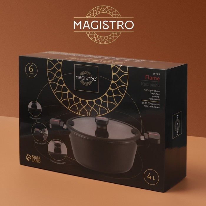 Кастрюля Magistro Flame, 4 л, d=24 см, h=10,5 см, крышка со сливом, антипригарное покрытие, индукция, цвет чёрный Кастрюля Magistro Flame, 4 л, d=24 см, h=10,5 см, крышка со сливом, антипригарное покрытие, индукция, цвет чёрный