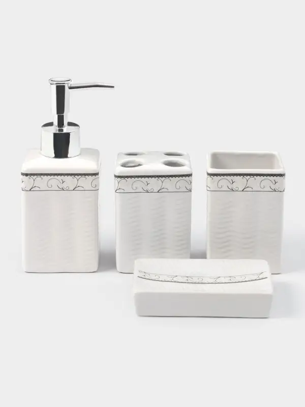 Набор аксессуаров для ванной комнаты &laquo;Завитки&raquo;, 4 предмета, мыльница, дозатор для мыла, 2 стакана, белый