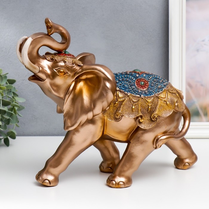 Сувенир полистоун Сувенир полистоун "Золотистый слон в синей попоне с кисточками" МИКС 28,5х15х32,5 см