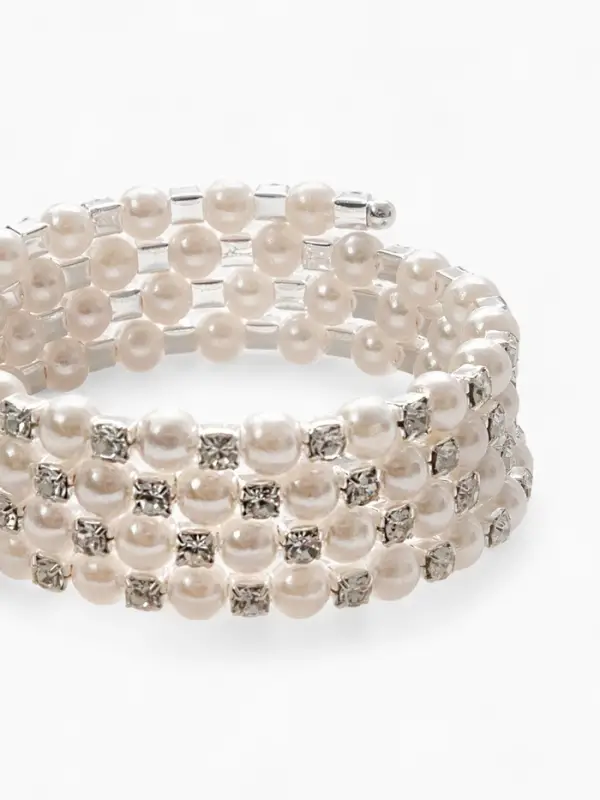 Браслет пружинка &laquo;Жемчуг. Стразы&raquo;, d=6 см, шар №6, белый в серебре