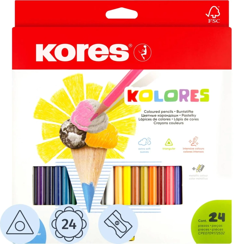 Карандаши цветные 24цв 3-гран,точилка Kores 93324.01