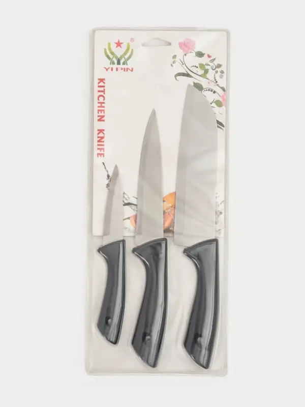 Набор кухонных ножей &laquo;Энеолит&raquo;, 3 предмета: лезвие 8.5 см, 15 см, 17 см, чёрный