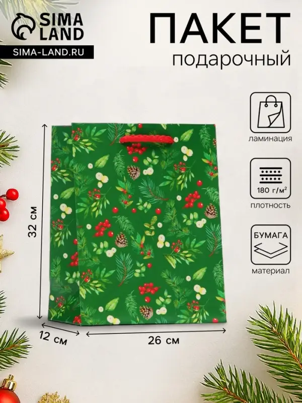 Пакет подарочный новогодний ламинированный &laquo;Веточки&raquo;, 26&times;32&times;12 см