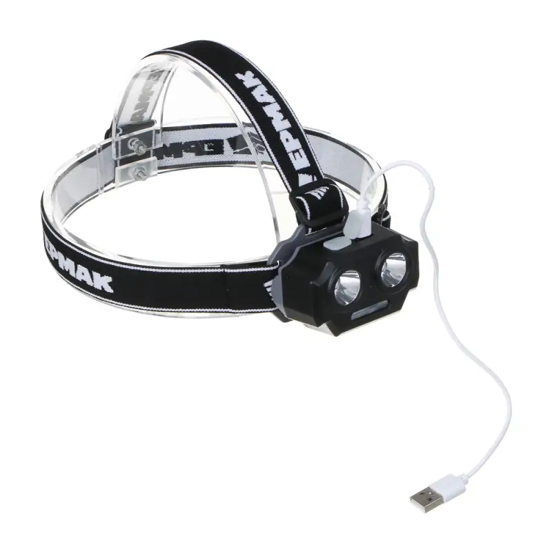 Фонарь налобный тм ЕРМАК, 2 P30 LED +3 SMD, 5 режимов, 1200мАч, 7,2х4,8х4см, USB кабель, пластик