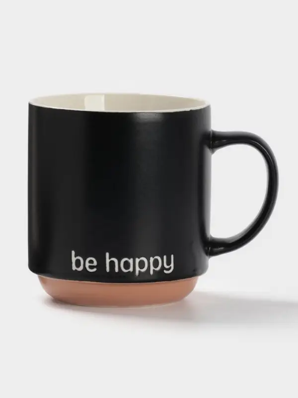 Кружка Доляна Be happy, 420 мл, 12&times;9&times;10 см, фарфор, чёрная