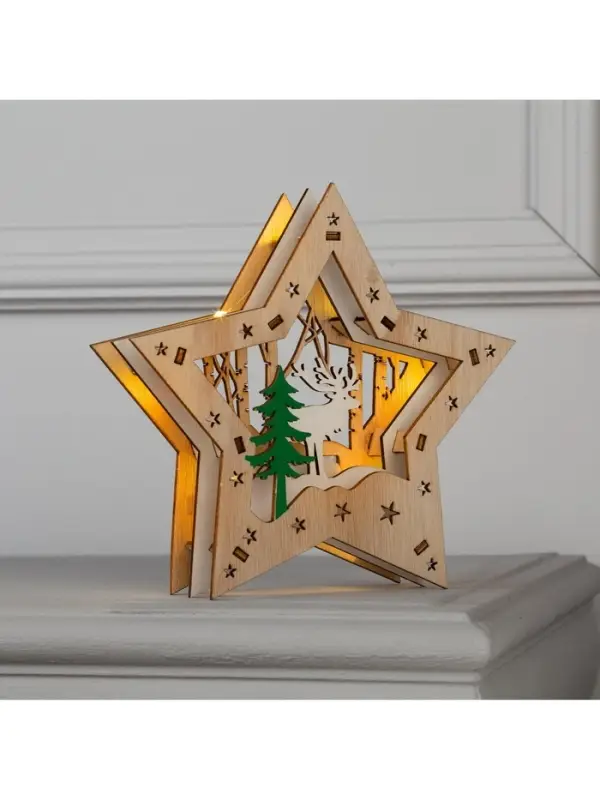 Светодиодная фигура &laquo;Звезда с оленем в лесу&raquo; 18&times;18&times;5 см, дерево, от батареек АААх2, свечение тёплое белое