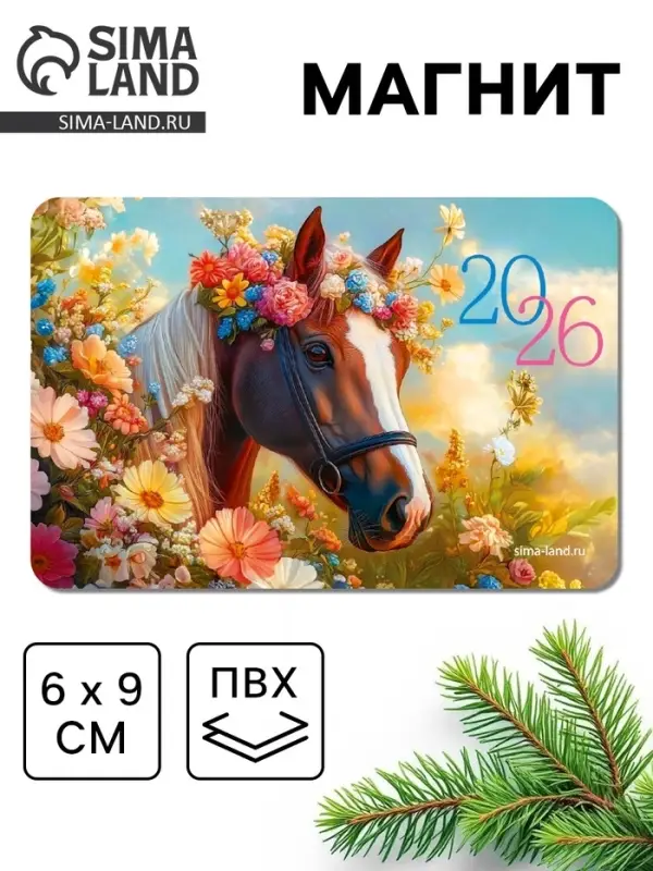 Магнит новогодний на холодильник «Лошадь с цветами»