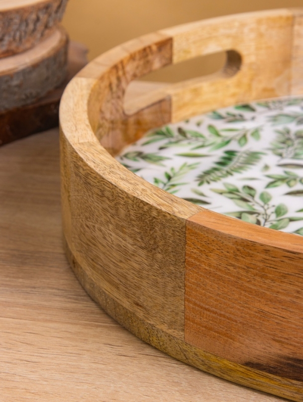 Поднос круглый с бортиками "Оливковая ветвь" дерево манго 35х35х6,5 см