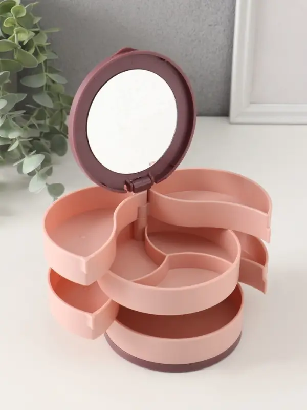 Шкатулка - органайзер для хранения украшений &laquo;Круглая. 4 уровня&raquo;, пластик, зеркало, розовая, 10&times;10&times;10 см