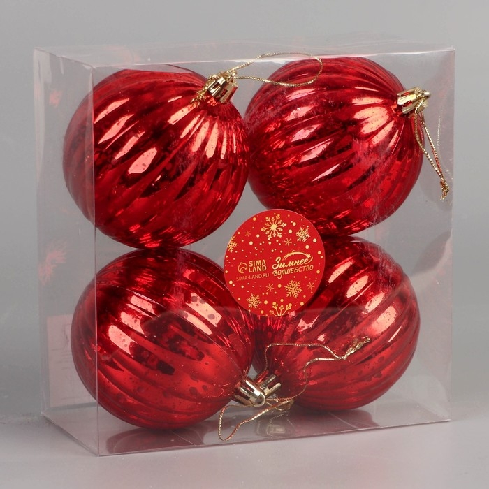 Набор шаров пластик d-8 см, 4 шт Набор шаров пластик d-8 см, 4 шт "Винтаж" полосы, красный