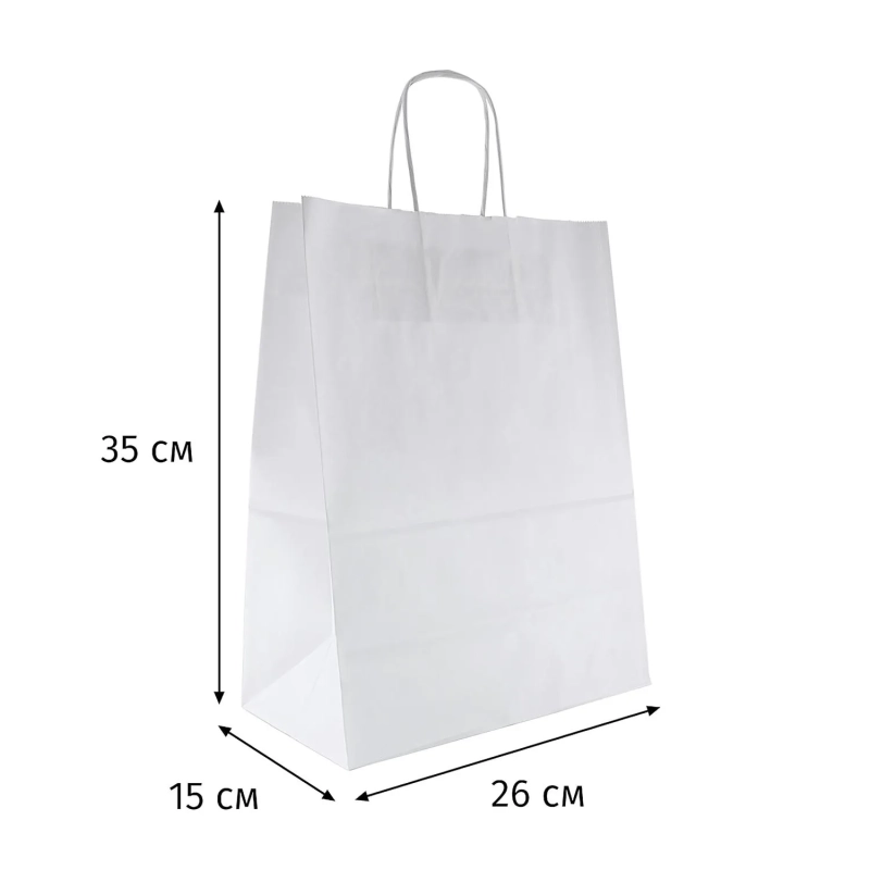Пакет бумажный 260х150х350 мм, 80 гр/м2,с круч. ручками, белый, 200 шт/уп