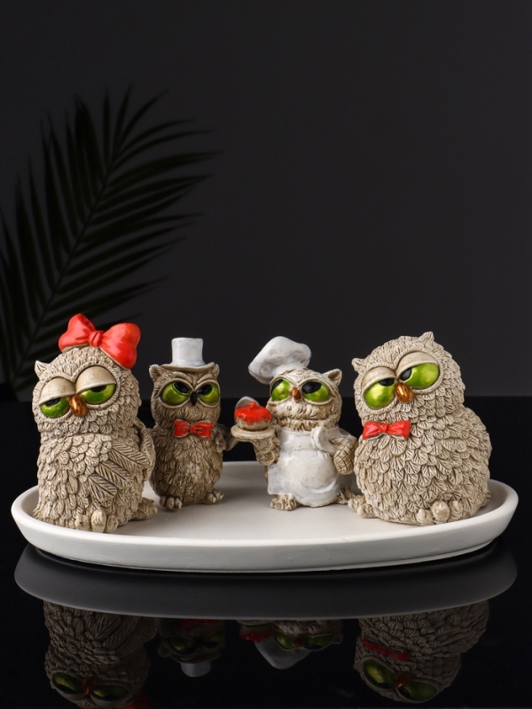 Набор фигур Набор фигур "4 совы на подносе" размер 20х10х10 см, бежевый