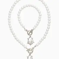 Набор 2 пред-а: колье,браслет "Жемчуг с подвеской барочной" 18/42 №8, цвет белый в серебре   1093712