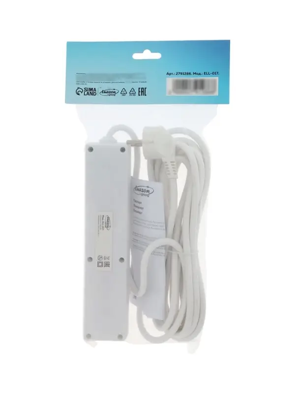 Удлинитель Luazon Lighting, 4 розетки, 5 м, 6 А, 1300 Вт, 3&times;0.75 мм2, с заземлением, с выключателем, белый