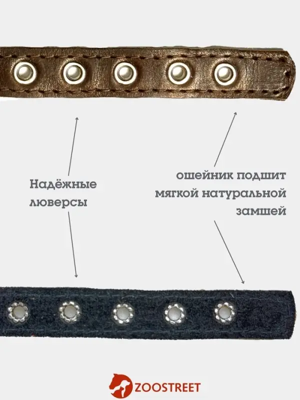 Ошейник, 35&times;1.5 см, с подкладом и светоотражающей лентой, кожа, коричневый