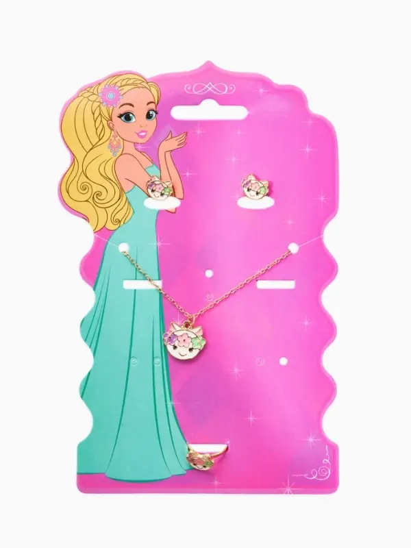 Набор детский "Выбражулька" 3 пред-а: кулон, кольцо, серьги, котик, разноцветный в золоте