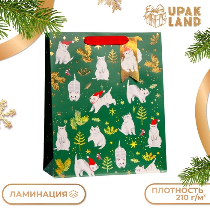 Пакет подарочный "Новогодние котики", люкс 26 х 32 х 12 см.