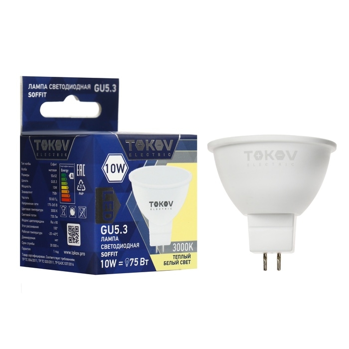 Лампа светодиодная TOKOV ELECTRIC, 10 Вт, Soffit, 3000 К, GU5.3, 176-264В Лампа светодиодная TOKOV ELECTRIC, 10 Вт, Soffit, 3000 К, GU5.3, 176-264В