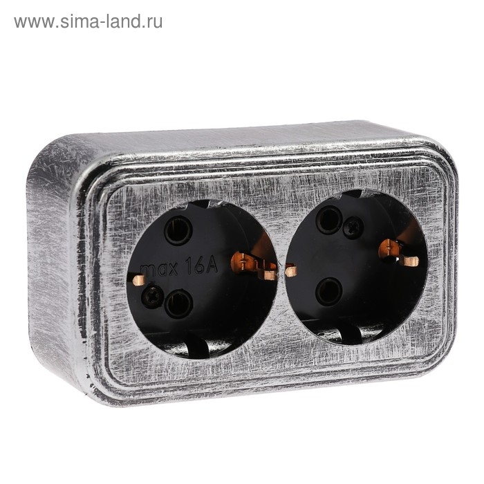 Розетка  Розетка "Элект" RA 16-238-ЧС, 16 А, 250 В, двухместная, открытая, с з/к, черная под серебро