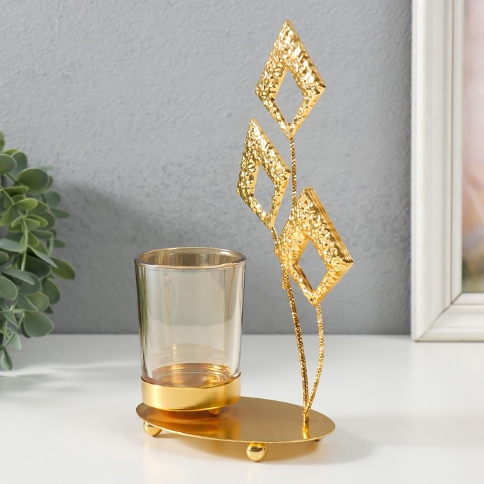 Подсвечник металл, стекло на 1 свечу  Подсвечник металл, стекло на 1 свечу "Листья-ромбики" d=4,7 см, золото 13х8х20,5 см