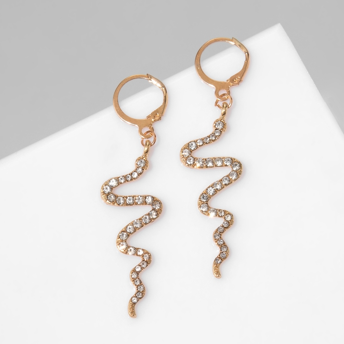 Новый год! Символ года 2025! Серьги висячие со стразами «Змейка», цвет белый в золоте