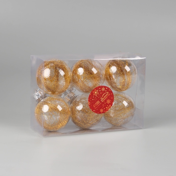 Набор шаров пластик d-6 см, 6 шт Набор шаров пластик d-6 см, 6 шт "Дончо" золото прозрачный