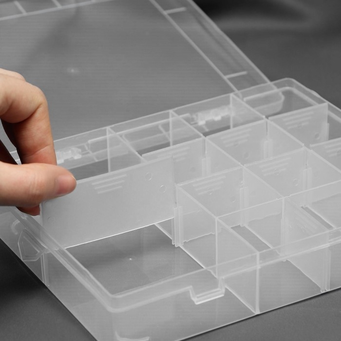 Органайзер для рукоделия, со съёмными ячейками, 14 отделений, 21 × 17 × 4 см, цвет прозрачный Органайзер для рукоделия, со съёмными ячейками, 14 отделений, 21 × 17 × 4 см, цвет прозрачный