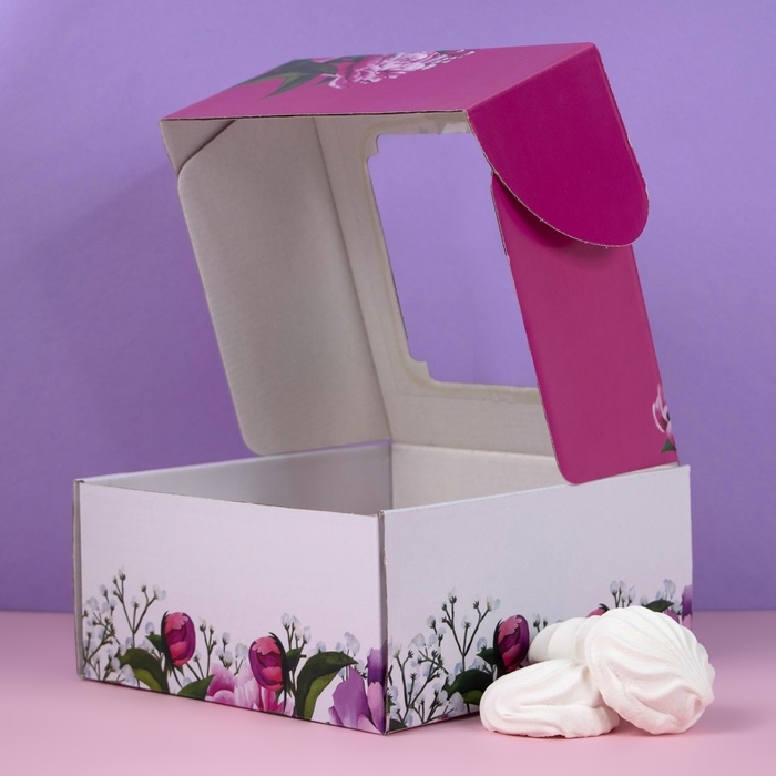 Коробка самосборная, с окном, Коробка самосборная, с окном, "Весенние пионы", 19 х 19 х 9 см