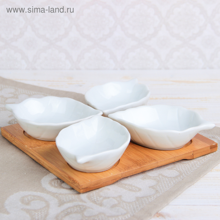 Набор салатников керамических на деревянной подставке «Эстет. Лист», 4 предмета: 50 мл, цвет белый Набор салатников керамических на деревянной подставке «Эстет. Лист», 4 предмета: 50 мл, цвет белый
