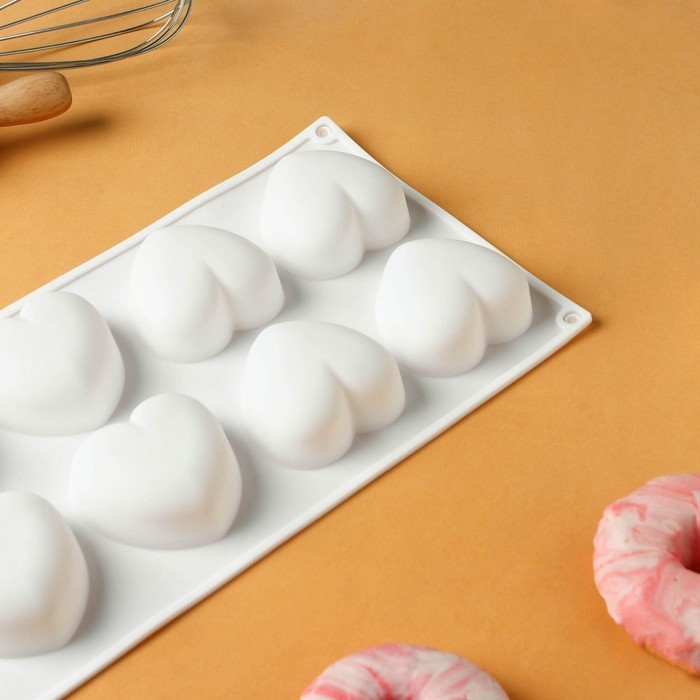 Форма для муссовых десертов и выпечки KONFINETTA «Сердца», 30×17,5×3 см, 8 ячеек (6,2×6 см), цвет белый Форма для муссовых десертов и выпечки KONFINETTA «Сердца», 30×17,5×3 см, 8 ячеек (6,2×6 см), цвет белый