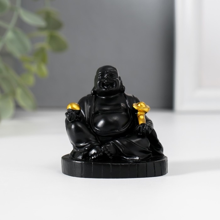 Нэцкэ полистоун  Нэцкэ полистоун "Хотей с золотым жезлом Жуи" чёрный 4х5х5,5 см