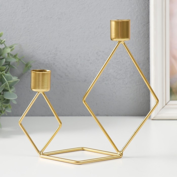 Подсвечник металл на 2 свечи "Геометрия. Ромбы" золото d=2,3 см 7,8х18х19 см