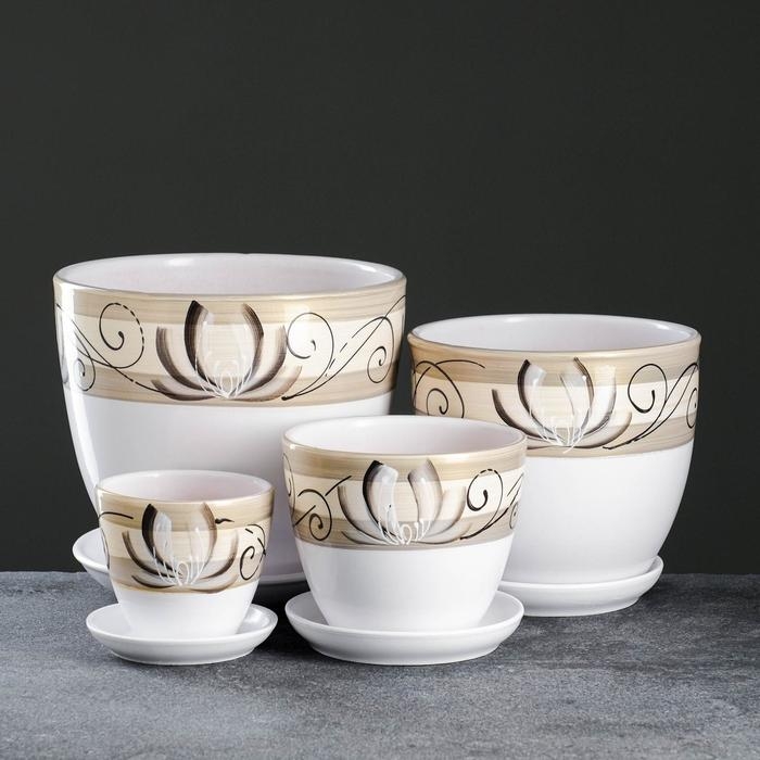 Набор горшков цветочных 4 шт. Лотос белый 0,4 / 1 / 2,5 / 5 л Набор горшков цветочных 4 шт. Лотос белый 0,4 / 1 / 2,5 / 5 л