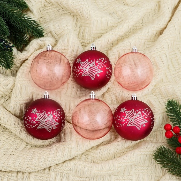 Набор шаров пластик d-8 см, 6 шт Набор шаров пластик d-8 см, 6 шт "Ночка" звёзды, розовый