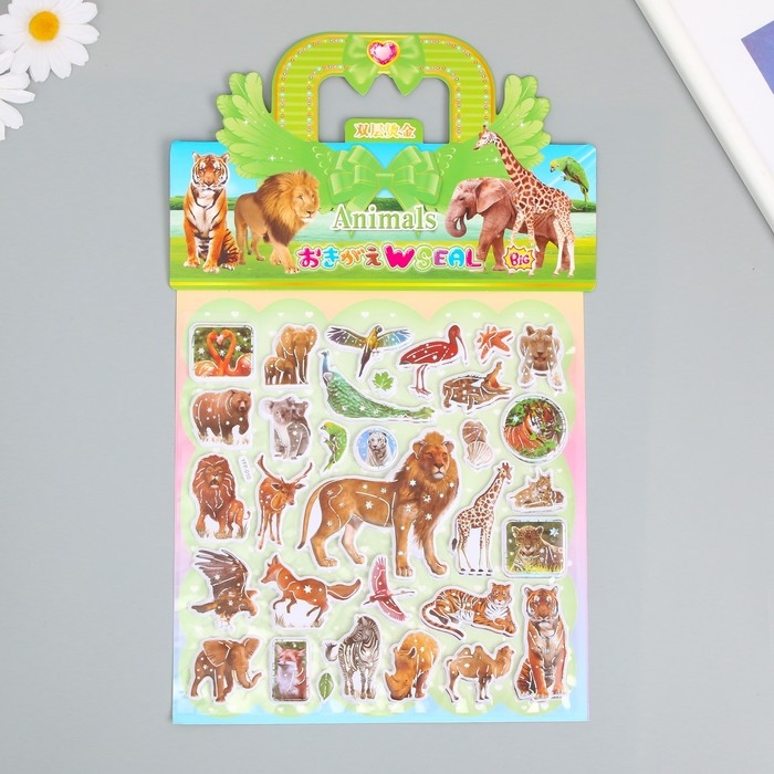 Наклейка пластик выпуклые Наклейка пластик выпуклые "Звери и птицы" МИКС 2 листа 33,5х21,7 см