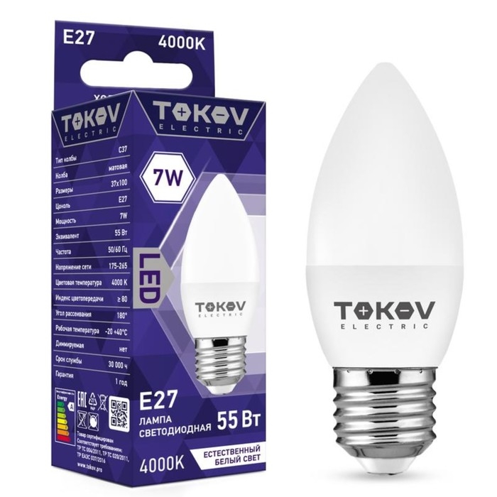 Лампа светодиодная TOKOV ELECTRIC, 7 Вт, С37, 4000 К, Е27, 176-264В Лампа светодиодная TOKOV ELECTRIC, 7 Вт, С37, 4000 К, Е27, 176-264В