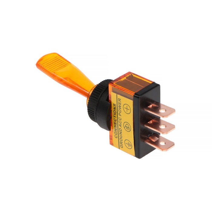 Тумблер однополюсный с жёлтой LED индикацией, 12 В, 20 A, 3 контакта Тумблер однополюсный с жёлтой LED индикацией, 12 В, 20 A, 3 контакта