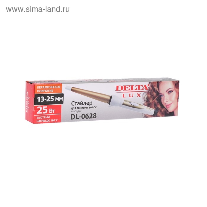 Плойка DELTA LUX DL-0628, 25 Вт, керамическое покрытие, d=13-25 мм, до 180°С, белая