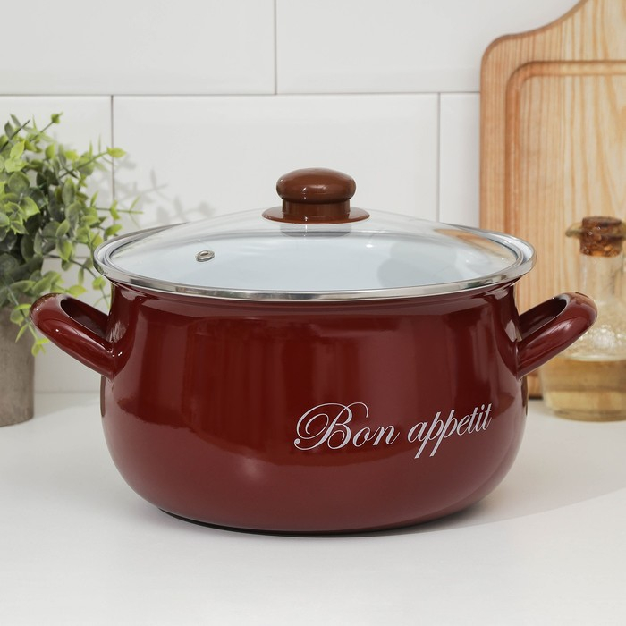 Кастрюля эмалированная «Бордо», 5,1 л, стеклянная крышка, индукция, цвет бордовый Кастрюля эмалированная «Бордо», 5,1 л, стеклянная крышка, индукция, цвет бордовый