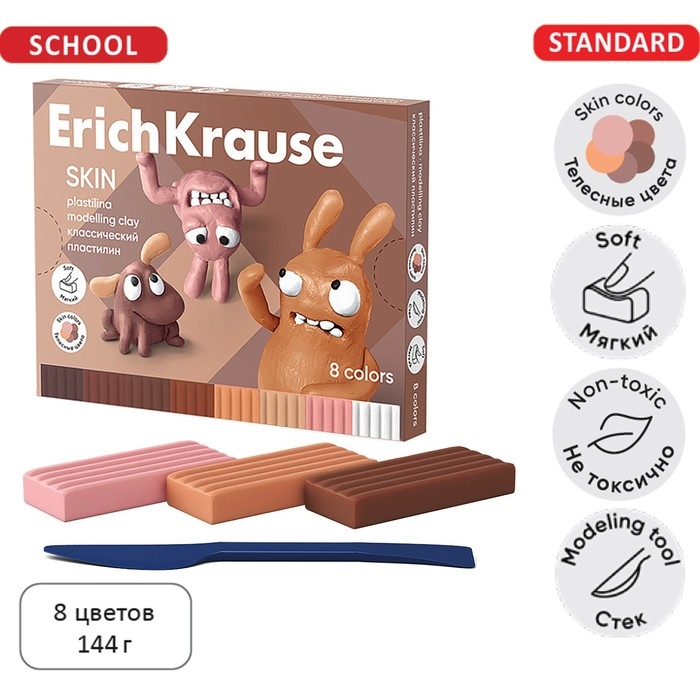 Пластилин 8 цветов, 144 г, ErichKrause Пластилин 8 цветов, 144 г, ErichKrause "Jolly Friends Skin", со стеком, в картонной упаковке