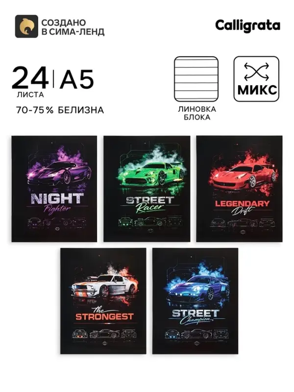Тетрадь 24 листа в линейку Calligrata &laquo;Гоночные авто&raquo;, серые листы, блок №2, 5 В МИКС