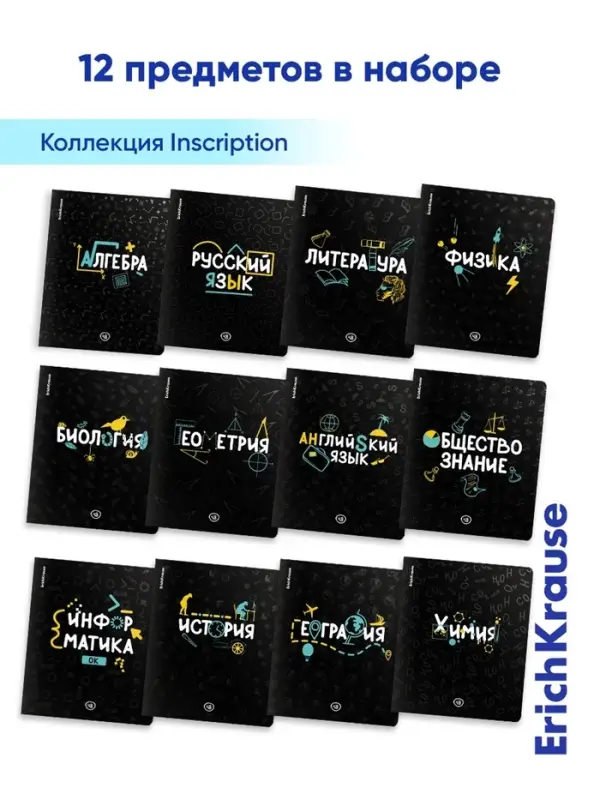 Набор предметных тетрадей ErichKrause. Inscription, 12 предметов, 48 листов, со справочным материалом, обложка из мелованного картона
