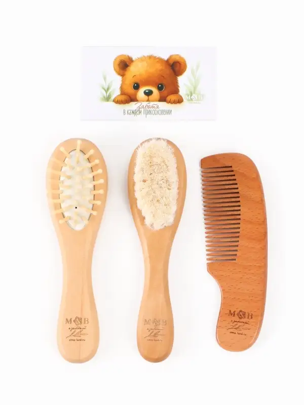 Набор деревянных расчесок детских с натуральной щетиной, 3 шт в коробке, M&B Набор деревянных расчесок детских с натуральной щетиной, 3 шт в коробке, M&B