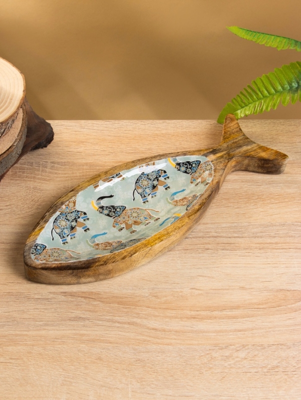 Блюдо в форме рыбки "Мудрый слон" дерево манго 32х11,5х2 см