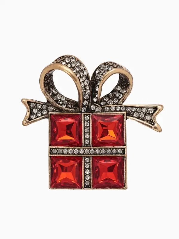 Брошь &laquo;Подарок&raquo;, с бантиком, красная, белый в чернёном золоте